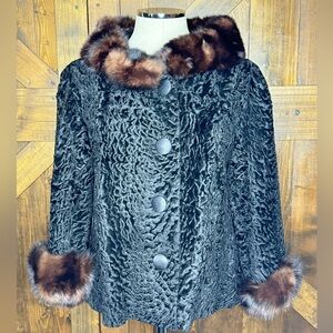 Vintage Persian Black Curly Lamb Fur Trimmed Swing Jacket Size M